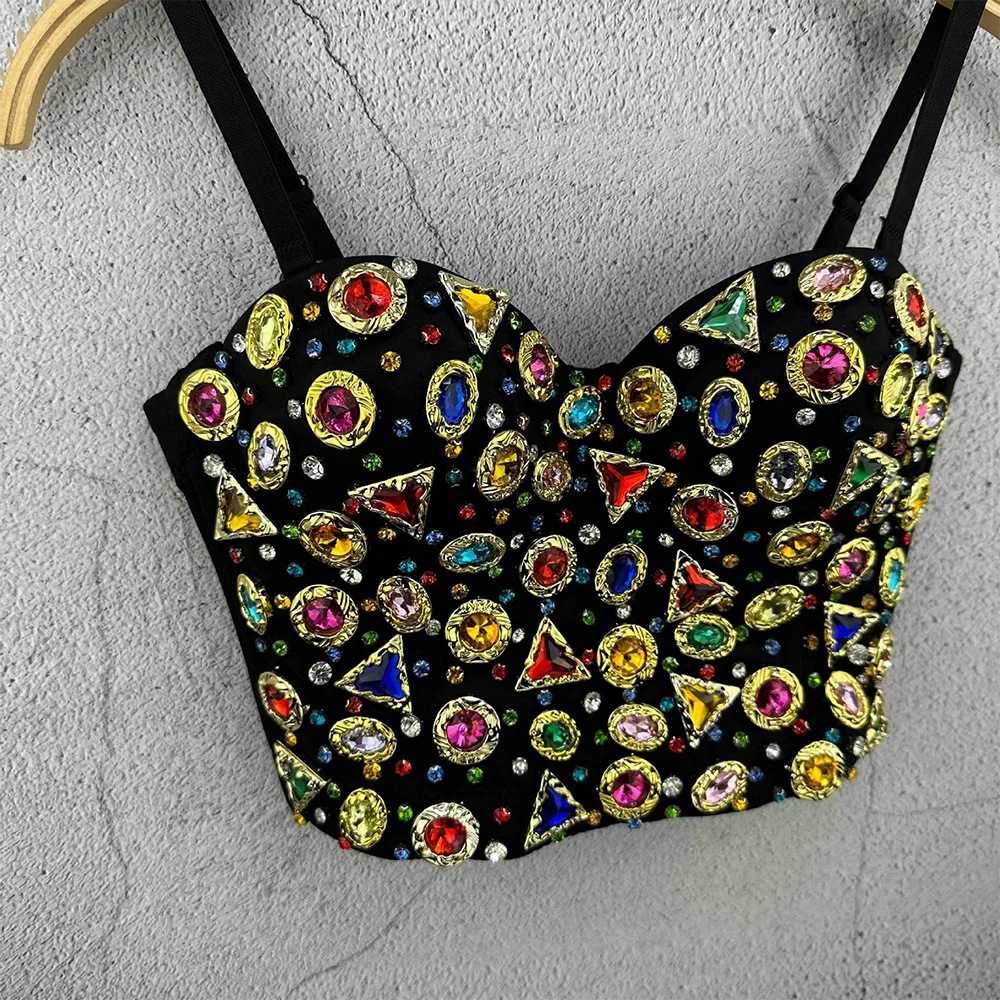 IRENE TINNIE 2024 Fashion Short Crop Top Colorful Stone Bustiers Sexy Corset Fashion Black Tank Top Women Binder Corset Bra