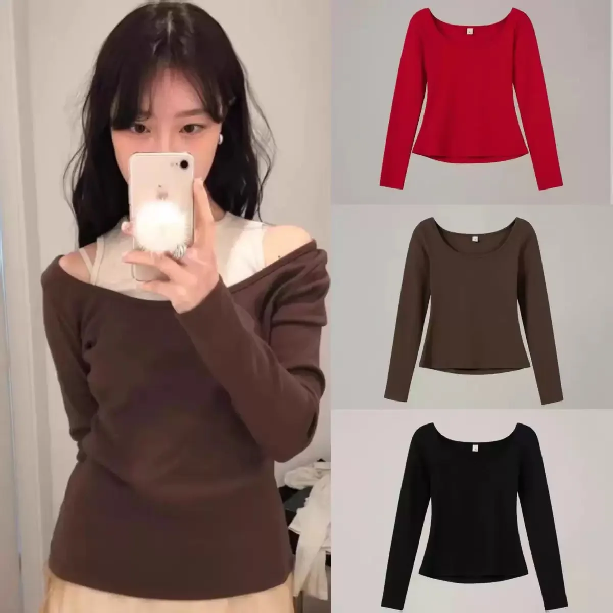 

Slim Fit Long Sve round Ne Base irt Inner Wear T-irt Women's Pure Color oulder Bared French Sle Cotton Tee