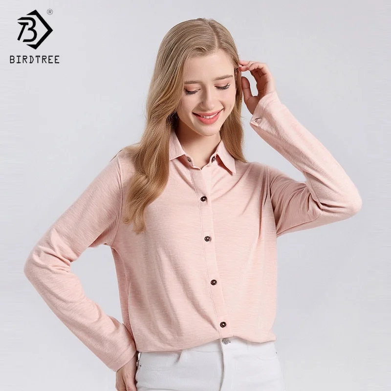 

Birdtree,XL to 3XL,100% Australian Wool Blouse,Women Knitted Lapel Shirt,Single Breasted,2025 Autumn Winter Basics Tops T5N526JF