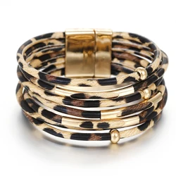 ALLYES Vintage Metal Tube Leopard Leather Bracelet for Women Men Boho Multilayer Wrap Wide Bracelets & Bangles Charm Jewelry