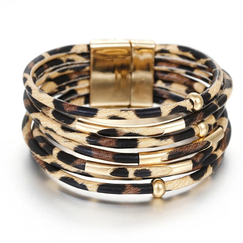 ALLYES Vintage metalowa rurka Leopard skórzana bransoletka dla kobiet mężczyzn Boho wielowarstwowe szerokie bransoletki i Bangles urok biżuterii