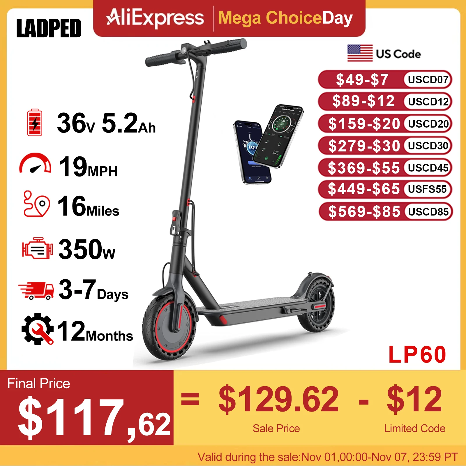 LP60 Electric Scooter 350W 19mph APP Smart Control Scooter 8.5inch tir...