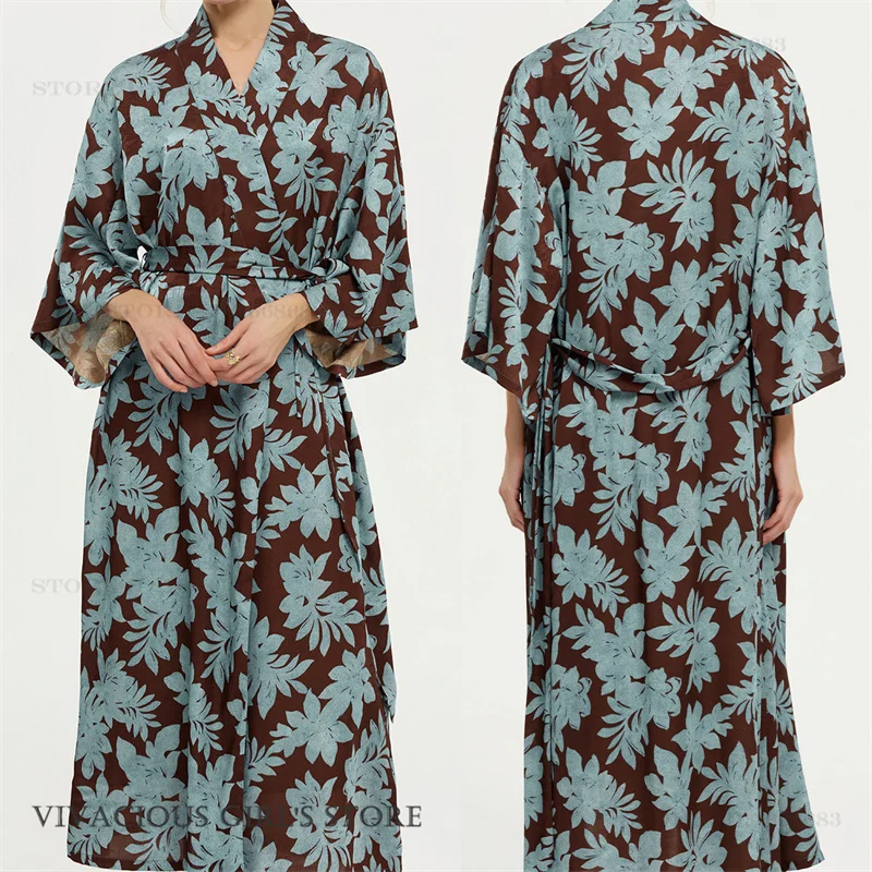 Plus Size Luxury Women's Long Robe Home Clothing Print Floral Bathrobe Kimono Gown Satin Sleepwear Nightgown Loose Loungewear