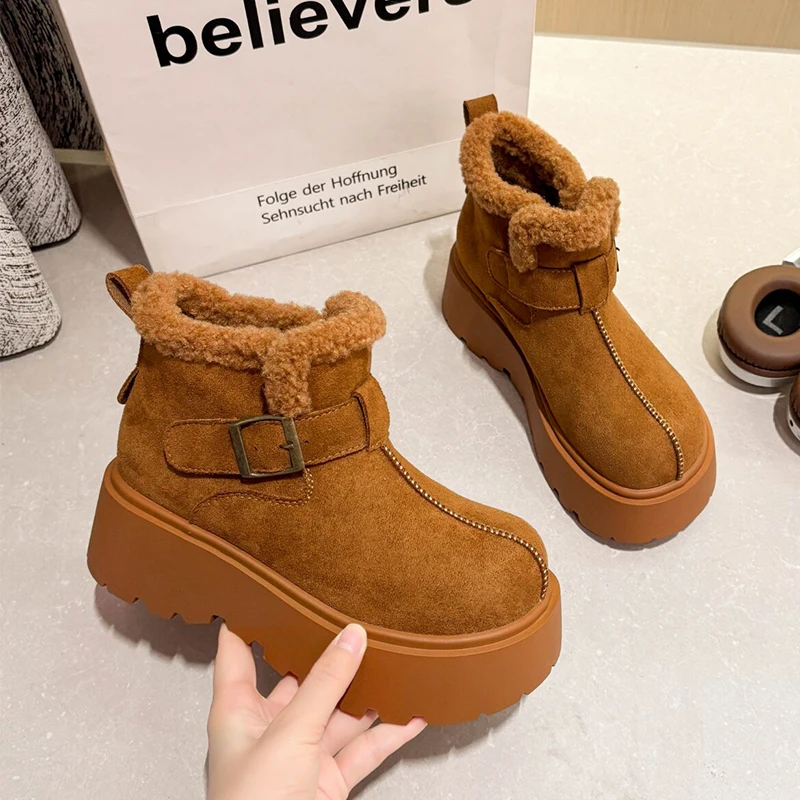 

Ankle Snow Boots for Women Flats Platform Suede Casual Shoes 2025 Short Plush Fashion New Cotton Shoes Warm Cozy Mujer De Botas