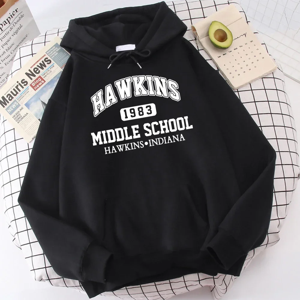 Fashion Hoodies HAWKINS 1993 Middle School Letters Printed Women's Sweatshirts Casual Hoodie Hip Hop Streetwear Tops Pullover