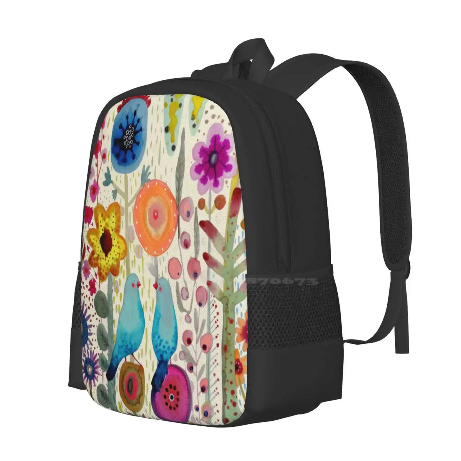 Pres De Toi Teen College Student Backpack Pattern Design Bags Birds Flower Watercolor Cute Love Whimsical Colourful Joy Fun