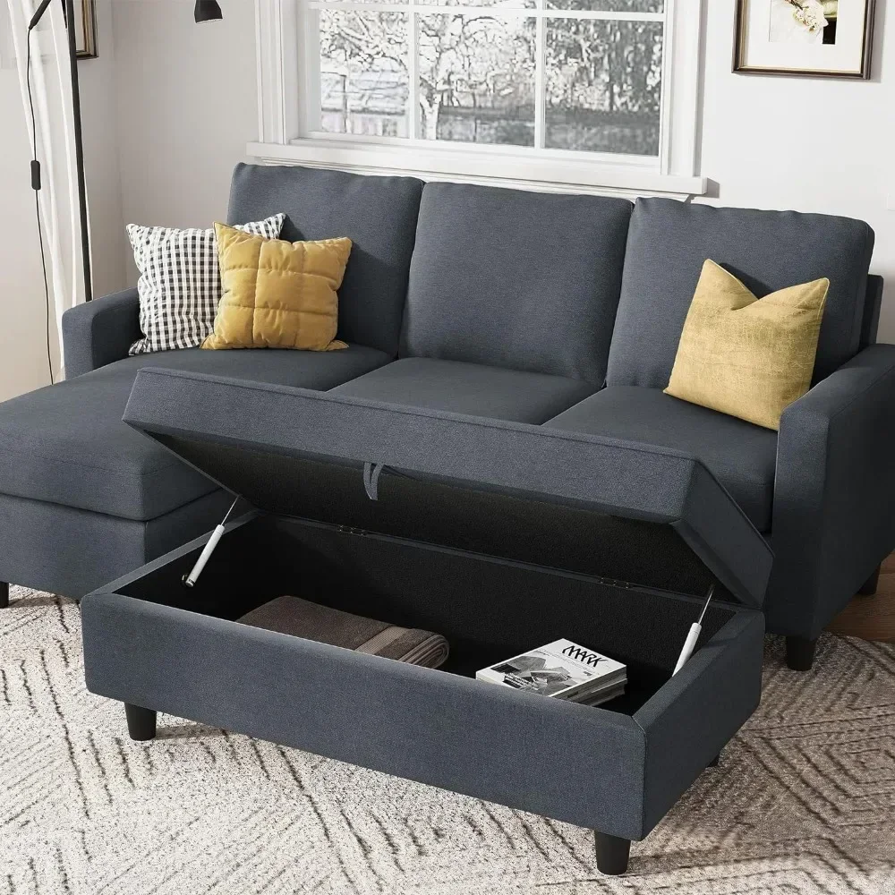 Sofá de sala de estar, conjunto seccional de apartamento otomano gris claro, chaise longue seccional Reversible, sofá moderno en forma de L de tela de lino
