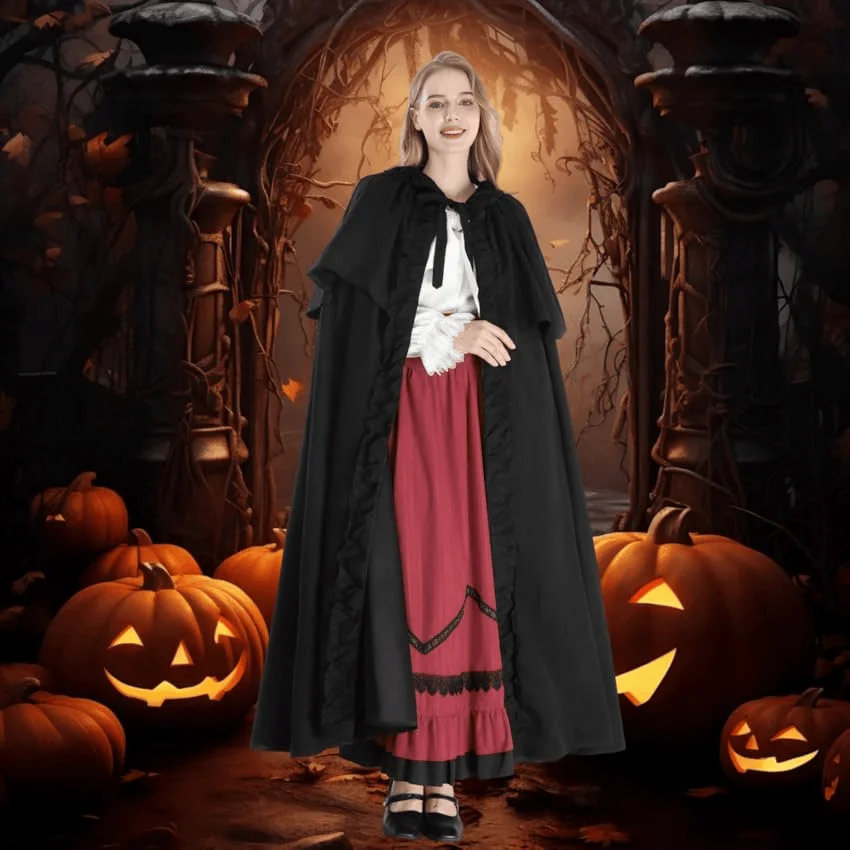 loween Gothic Witch Medieval Hooded Cloak Role-plang Costume Women's Faion Polyester Material Ethnic Stage Costume