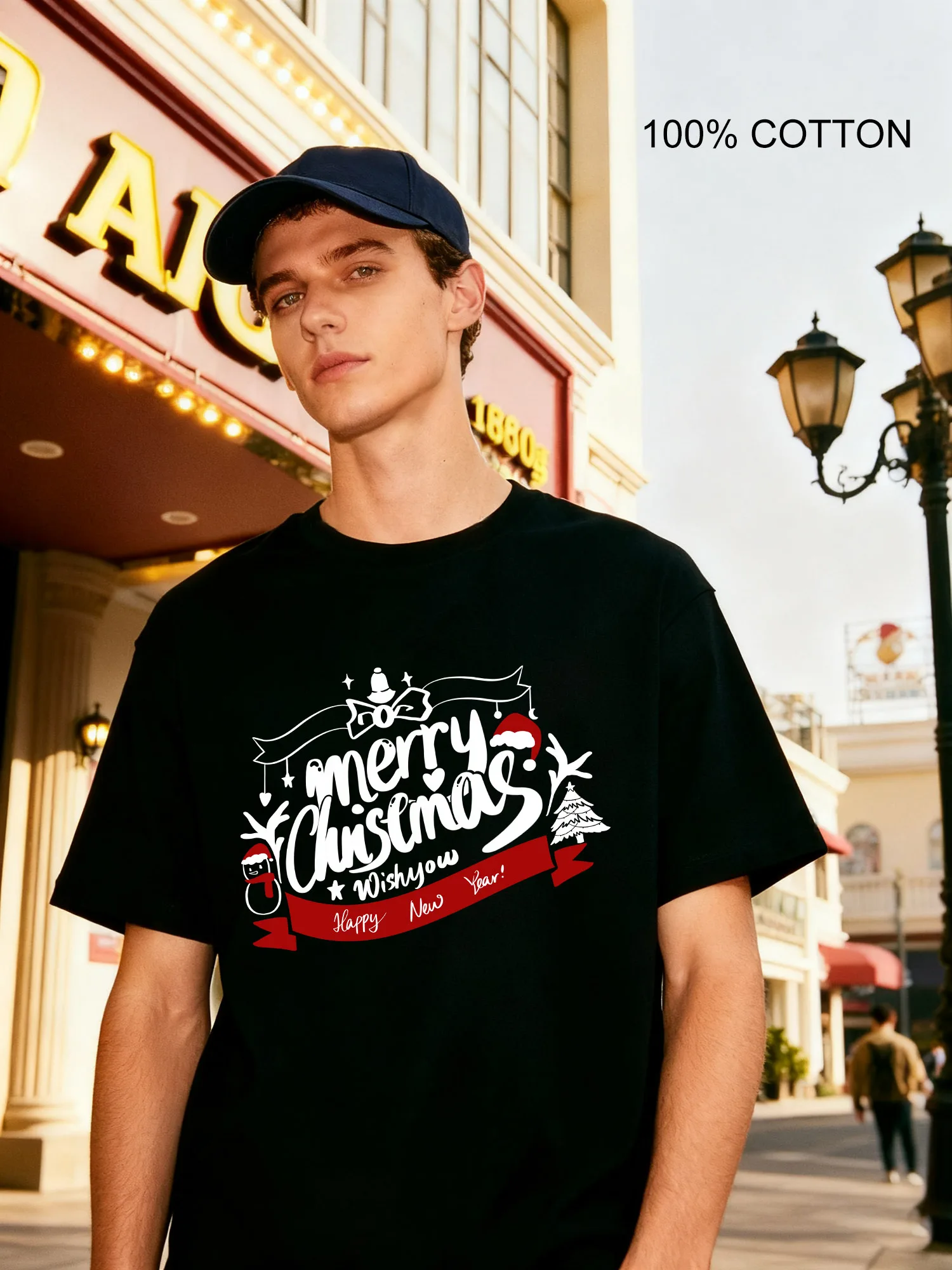 عيد ميلاد سعيد سنة جديدة سعيدة تي شيرت رجالي تصميم غير رسمي طاقم الرقبة تي شيرت 180 جرام الشارع 100% قطن #1