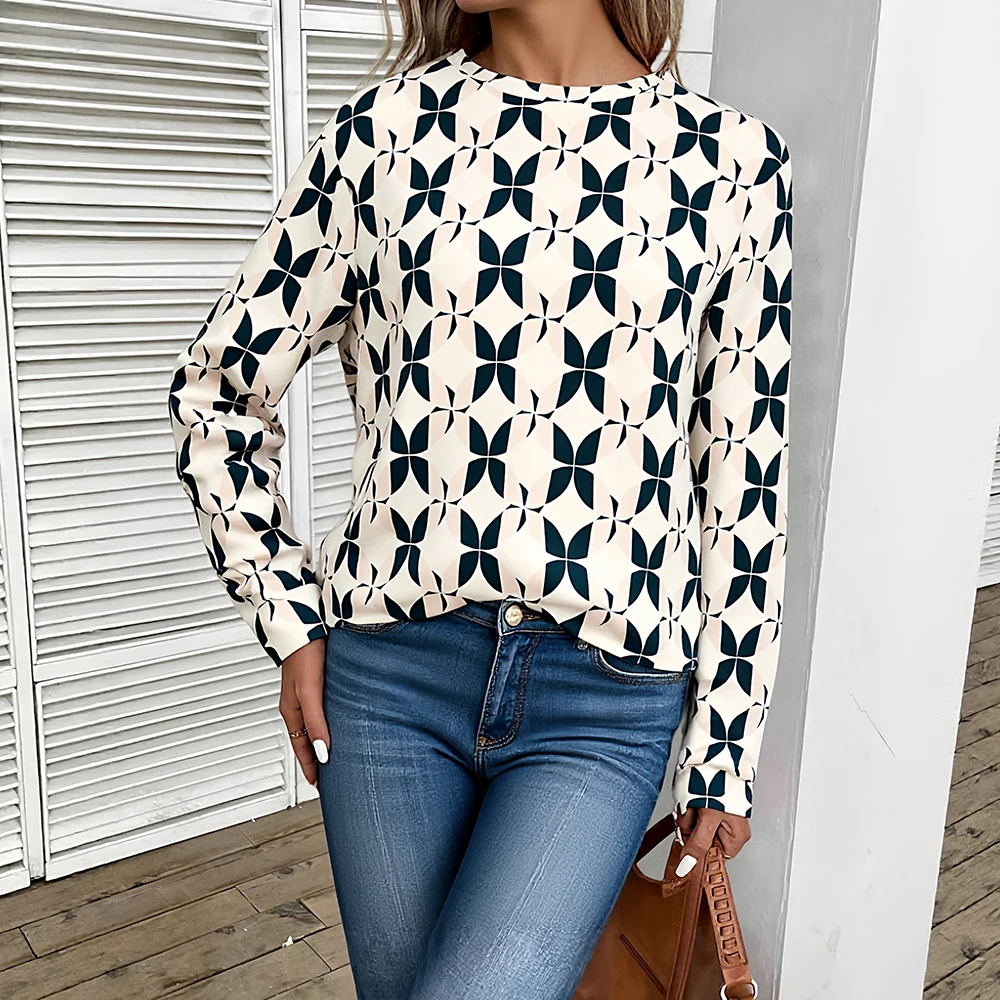 

Mia Muse Women's 2025 Autumn T-Shirts Decent Comfortable Printing Long Sleeve Round-Neck Full Print Basics T-Shirts