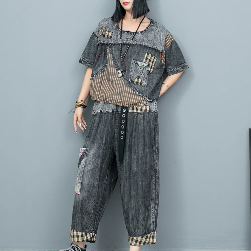 

Worn Thin Denim Patchwork Round Neck Short Sleeved Top + Cropped Pants Two-piece Set Women Outfit 2024 Summer LX1320