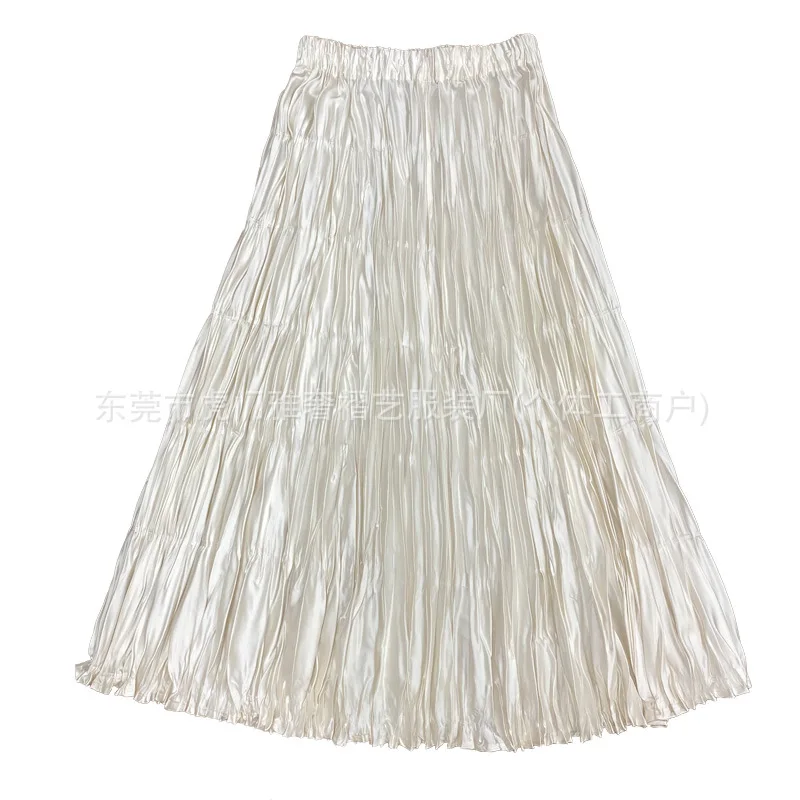 Miyake Haute Sense Fashion Pleated Temperament High Waist Medium and Long Skirt French Gloss Solid Color Satin Folded Skirt