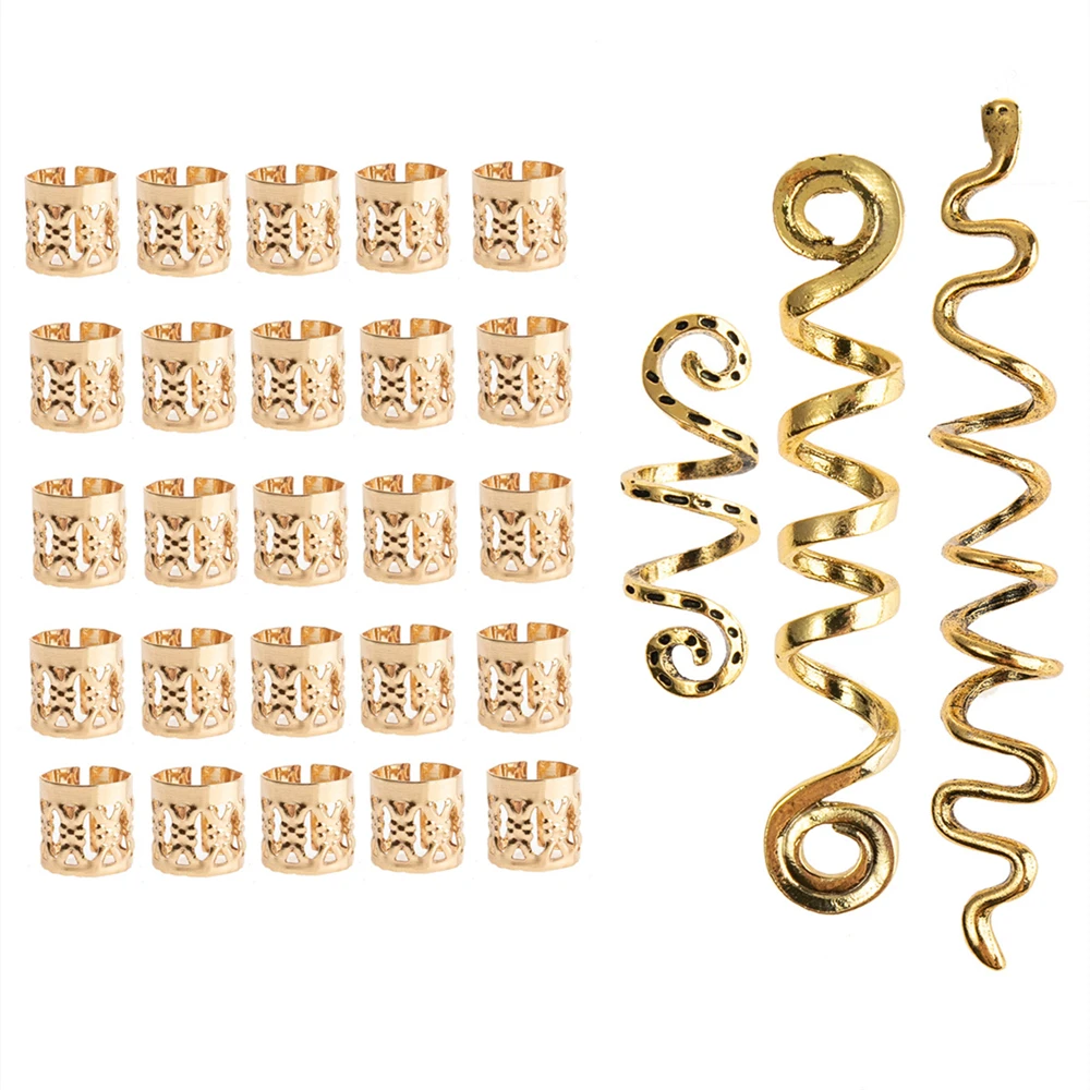 

Golden Curve Snake Hair Braid Dreadlock Beads Hairpins for Women Girls Spiral Hair Ring Clips Round 3D Charm Braider 28pcs/set