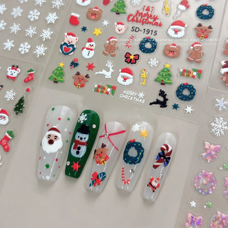 Autocollants d'ongles de Noël 3D pour femmes et filles, autocollants d'ongles, décoration d'art, père Noël, flocon de neige, ours, hiver, instituts