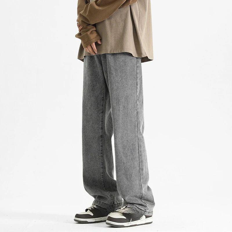 

Four Seasons New Fashion Men’s Solid Color Casual Trendy Wide Leg Straight Loose Denim Trousers Male Basic Simple Jeans Pants