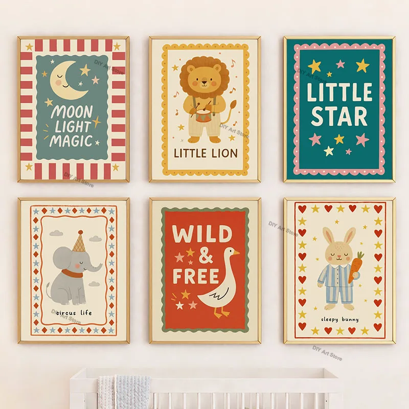 Funny Lion Rabbit Elephant Duck Nursery Posters Cartoon Wall Art Prints Canvas Painting Baby Kids Room Home Decoration Pictures