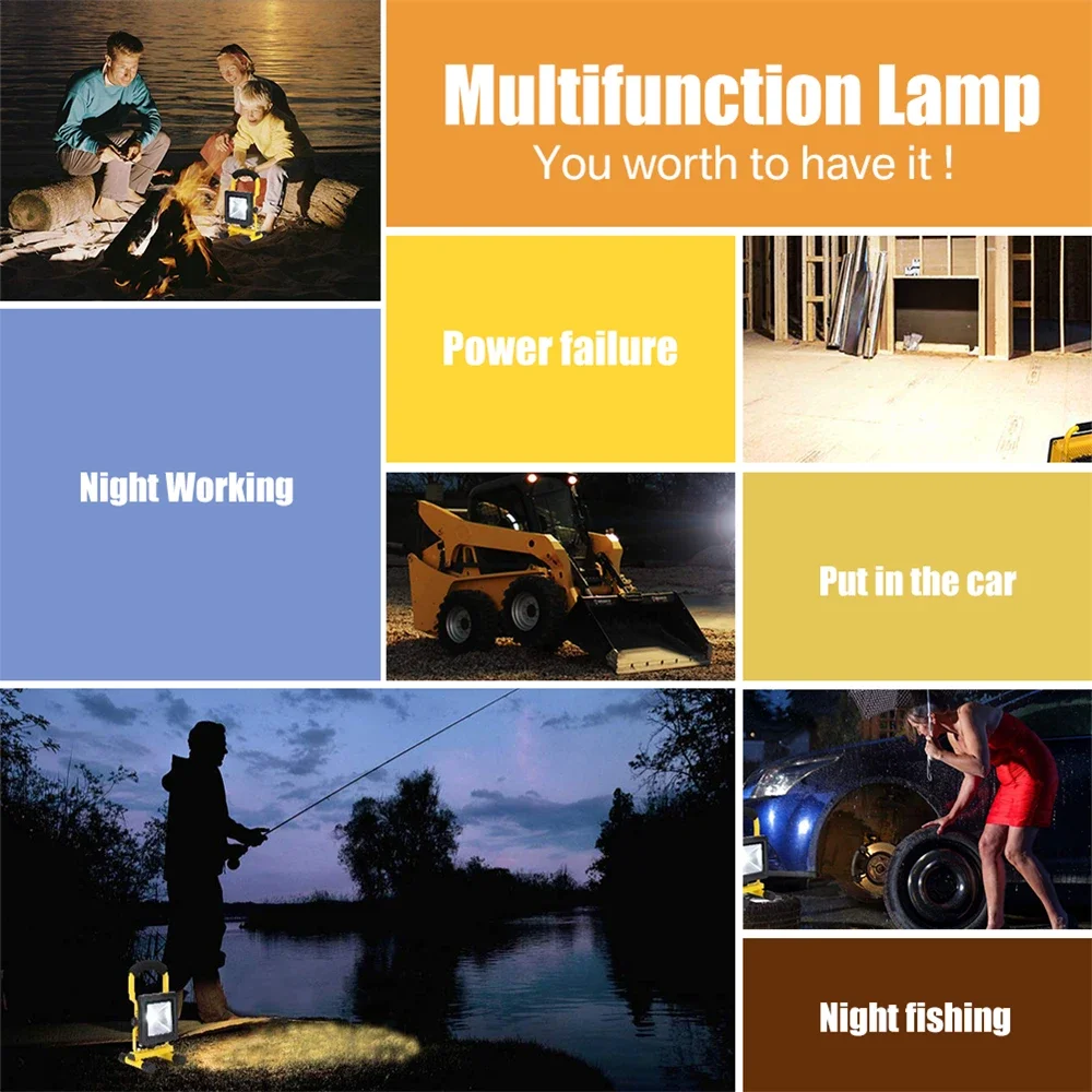 30W LED Portable Rechargeable Floodlight Waterproof Spotlight Battery Powered Searchlight Outdoor Work Lamp Camping Lantern