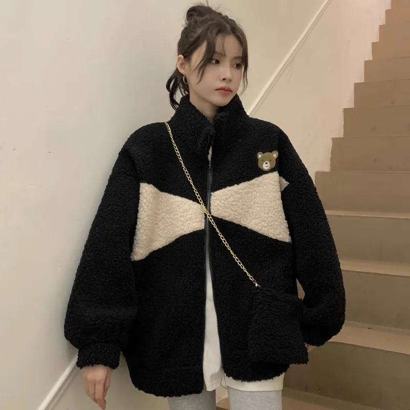 Autumn Winter Loose Thickened Fashion Zipper Hoodie Jacket Women's  Fleece Bear Embroidery Velvet Trendy Open Cardigan Fall