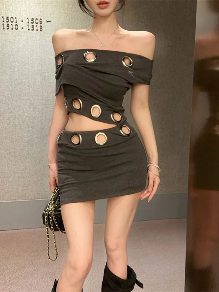 

2025 Women's Punk Off-Shoulder Bodycon Dress - Metal Ring Decor Cutout Mini Dress, Sexy Streetwear for Spring Summer