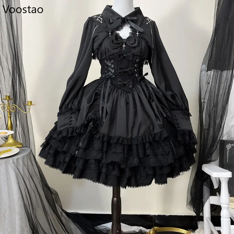 Vintage Gothic Lolita Dress Women Victorian Punk Slim Bandage Princess Party Dresses Girls Cute Metal Cross Bow Evening Dress