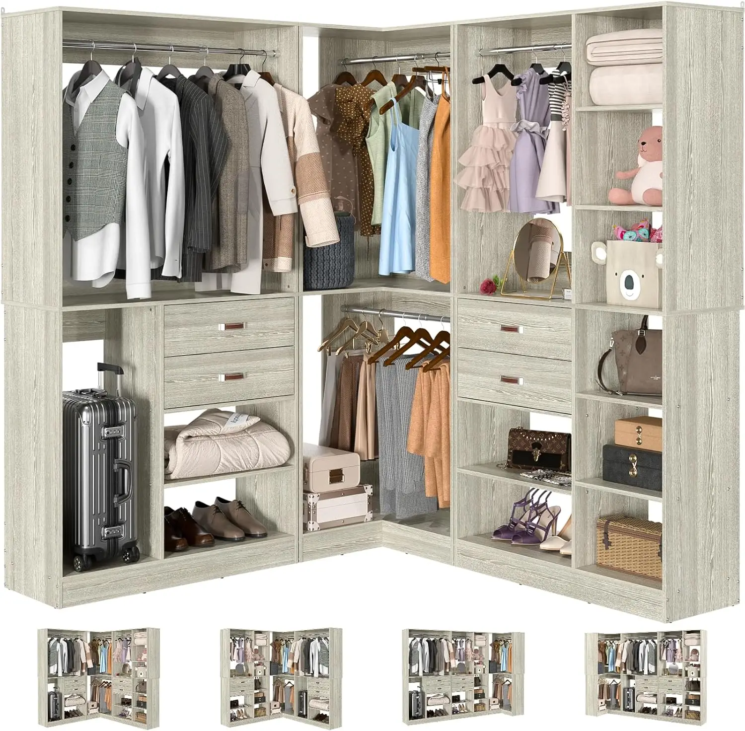 Freestanding Closet System with 3 Sets, 110'' Reversible Stand-alone Wardrobe, 80'' Height Cloth Garment Organizer