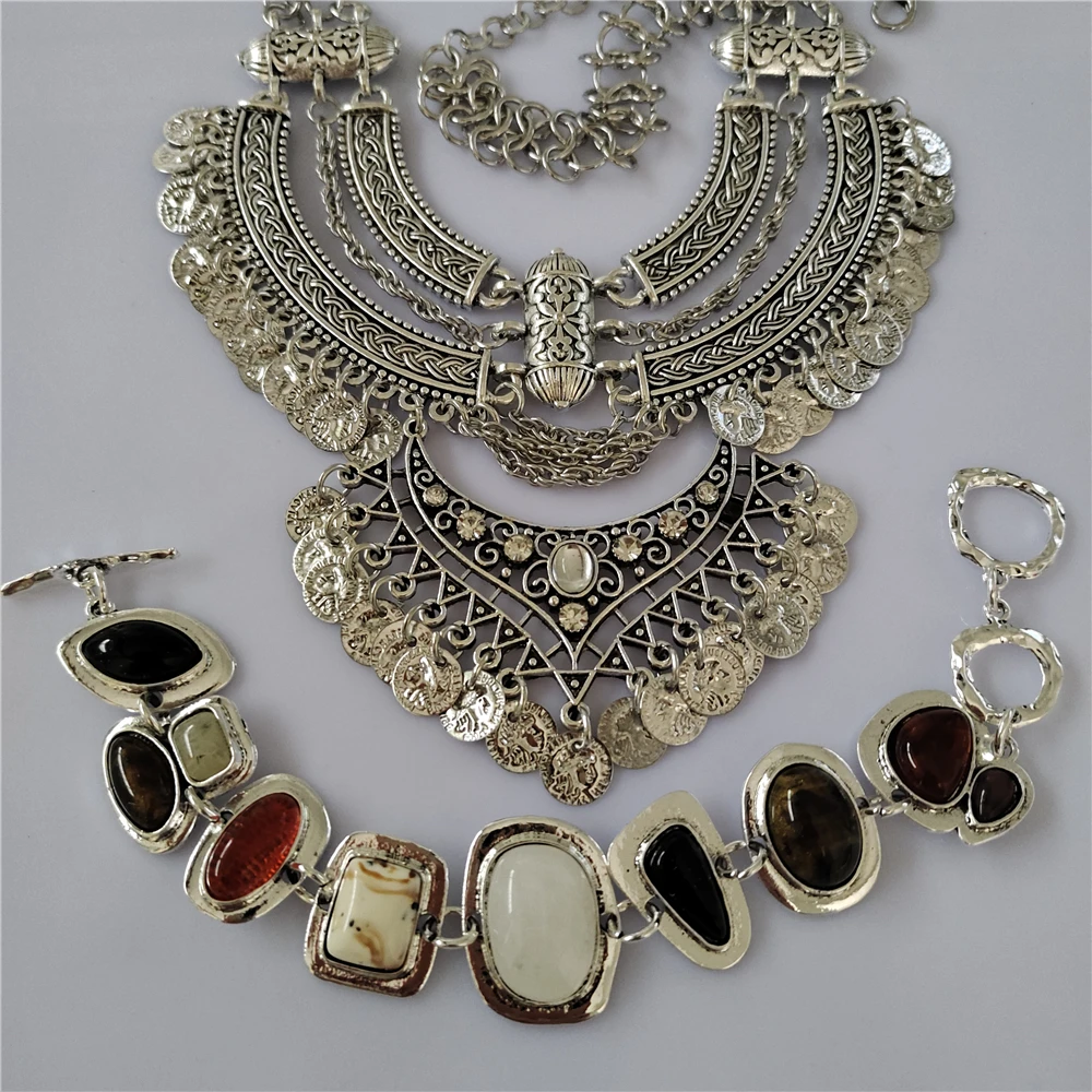 2024 New Indian Vintage Statement Coins Tassel Necklace Women Jewelry Sets Boho Baroque Retro Large Collar Necklace Bracelet Set