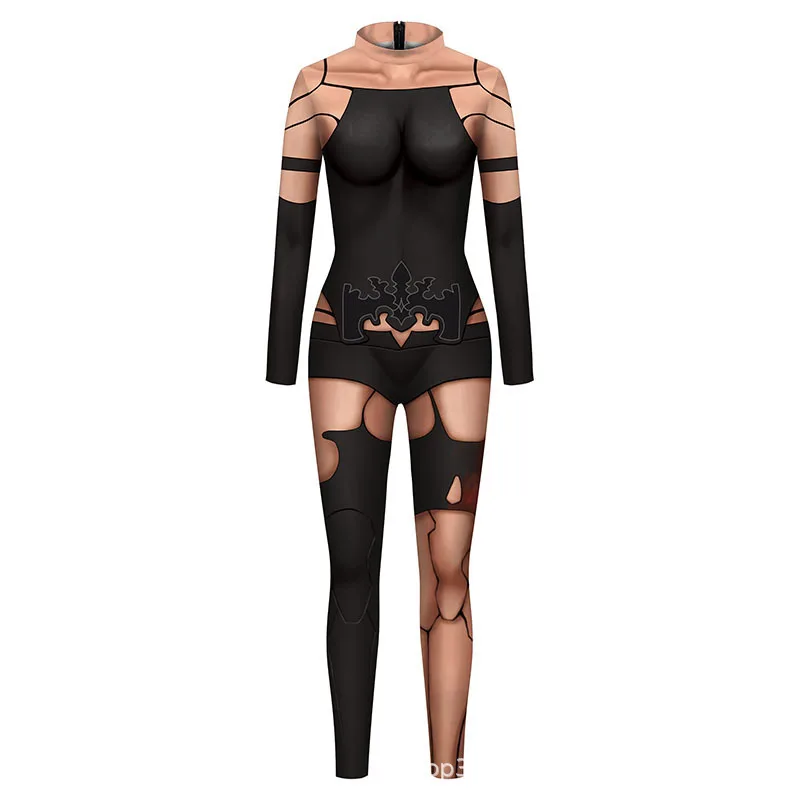 Halloween Sexy Damen Kostüm mit Digitaldruck, Karneval Bodysuit mit Reißverschluss, Party Cosplay Jumpsuit Outfit – Detail 29