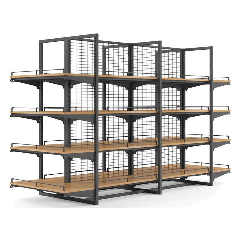 Multi ways light duty powder coated paint black gondola shelving metal supermarket shelves rack