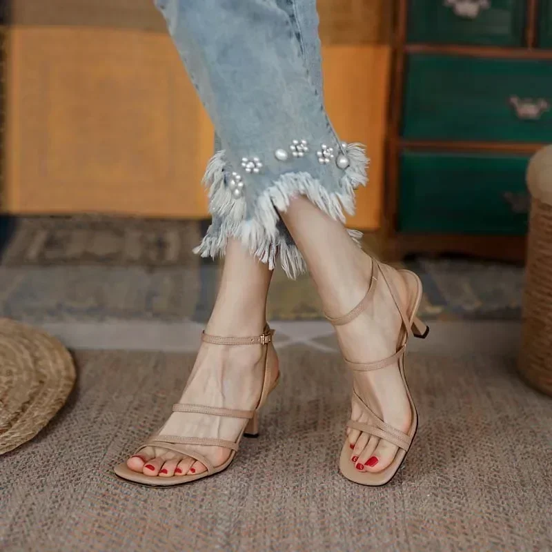 New Trend 2025 Ankle Strap Sandals Summer Women Sexy Party High Heels Black Light-Yellow Beige Apricot One Word Buckle Sandal