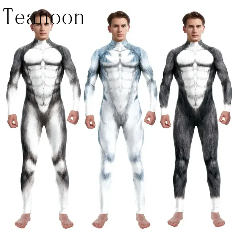 Divertente animale Husky Fox Wolf stampato Costume Cosplay 3D Zentai abiti festa di Halloween tuta per adulti tute maschili abiti