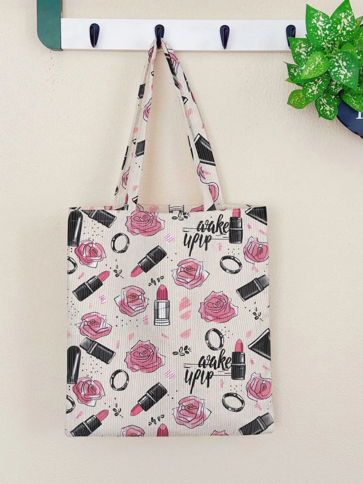 Corduroy beauty and rose print tote bag, suitable for daily commute and shopping, convenient for carrying essentials