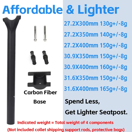 Imagen 2 del producto ELITAONE tija de sillín de bicicleta de carbono 135g ligero 27,2/30,9/31,6mm tija de sillín de bicicleta de carretera y MTB mate unidireccional 63C