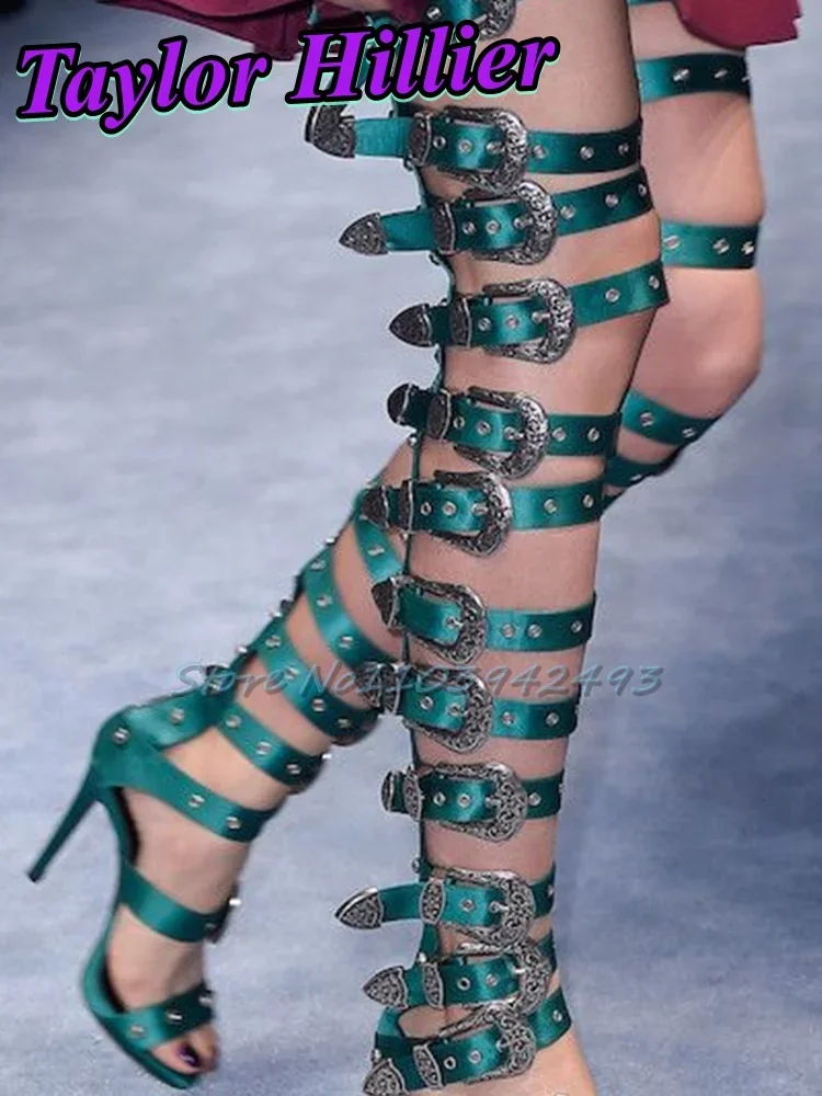 Gladiator Multi Buckles Heels Open Toe Heeled Sandals Roman Style Strappy Rivets Shoes Women Sexy Designer Summer Boots Runway
