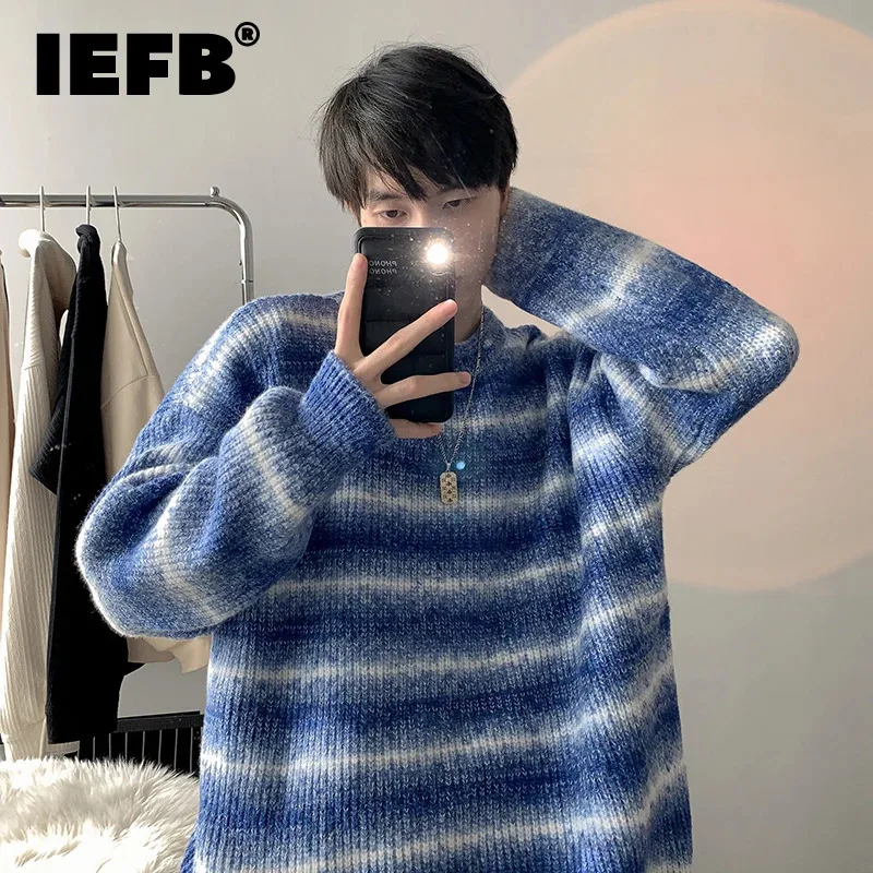 

IEFB Autumn Men's Sweaters Round Collar Striped Casual Knits Loose Contrast Color Pullover Male Top Korean Stylish Winter 9C8215