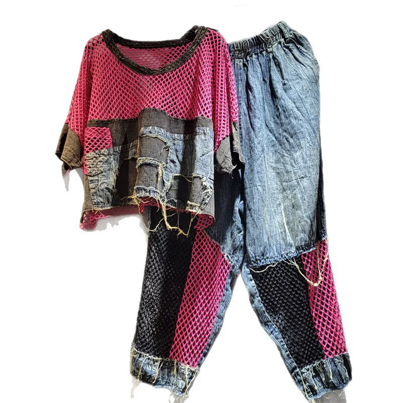 WTHT موضة المرأة تقسم شبكة الدنيم قصيرة الأكمام تي شيرت 2025 الصيف العصرية الجديدة مرونة الخصر السراويل فضفاضة الإناث 1LS2026