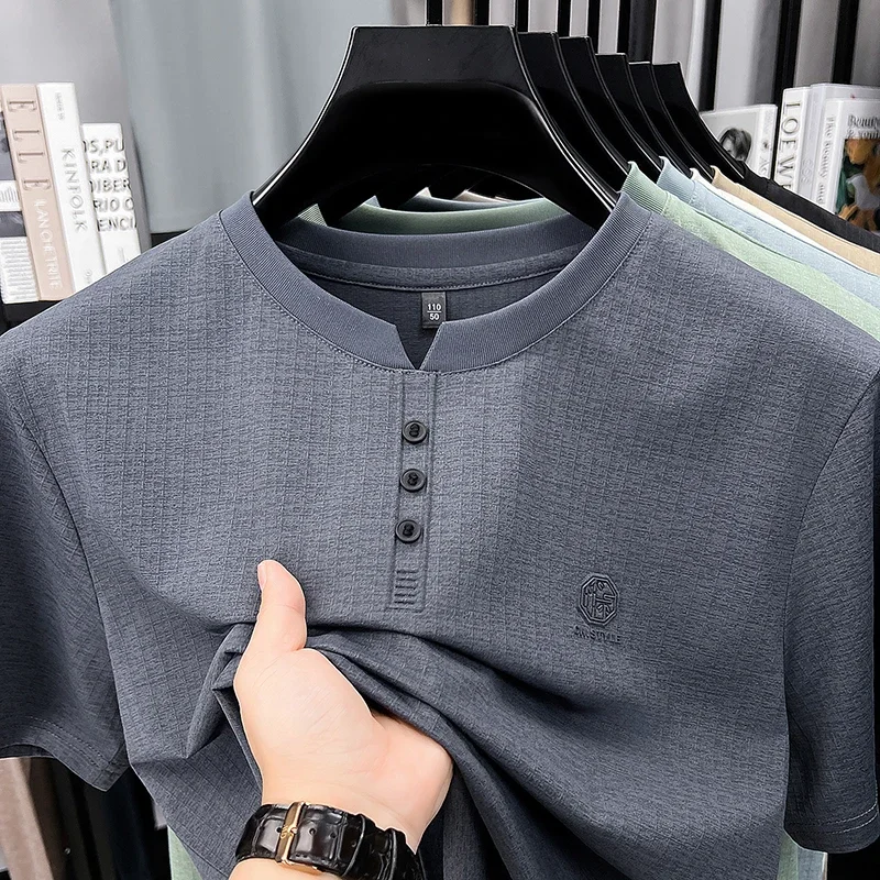 Men's Fashion Henley Neck T Shirt With Small Logo Soft Elastic Fabric For Casual And Business Use image 3