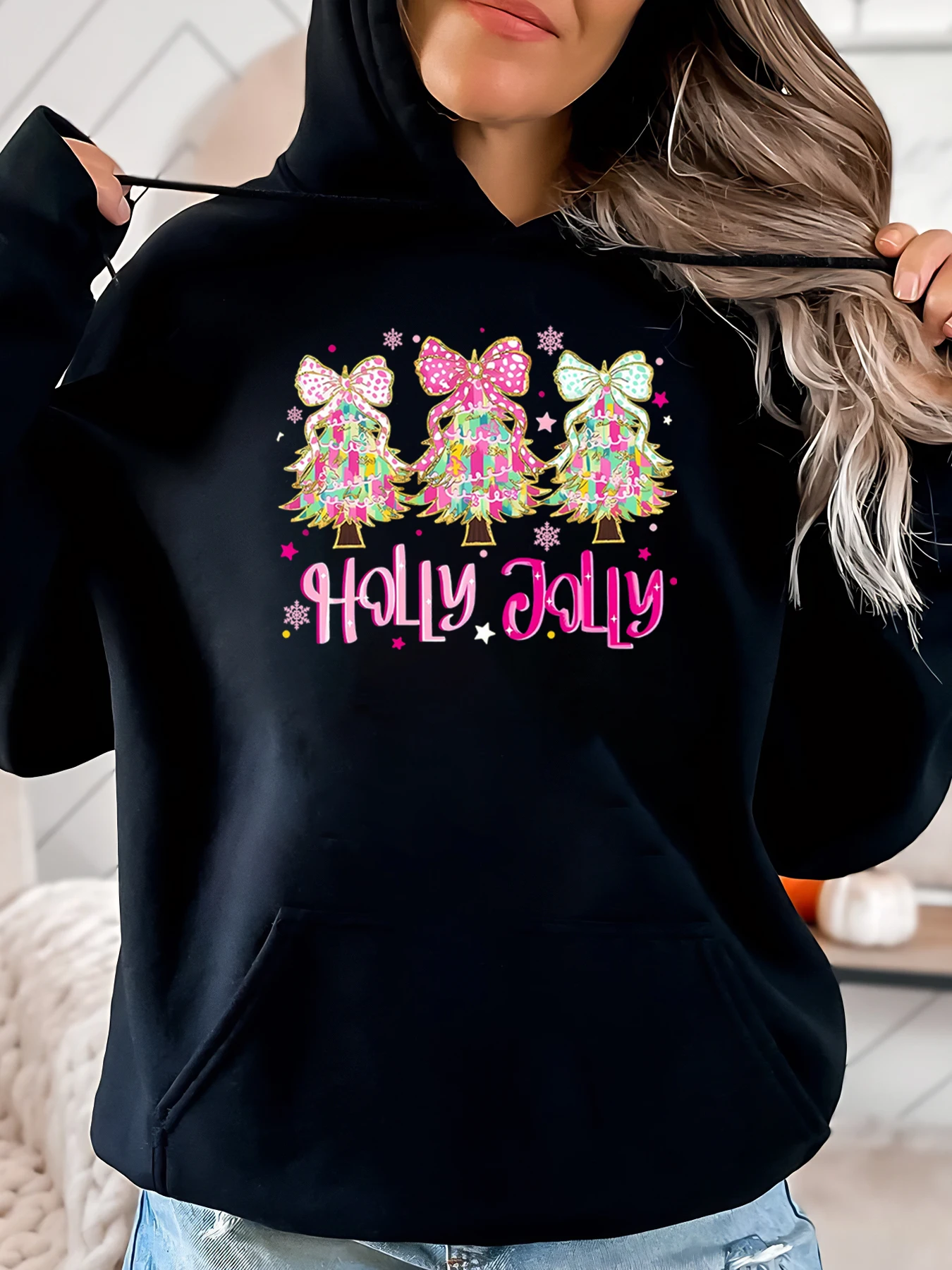 

Толстовка с принтом «Рождественская елка Холли Велли», женская праздничная повседневная одежда, черная, больших размеров