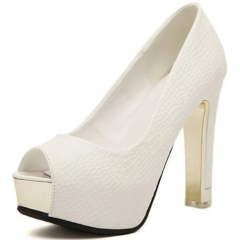 Fashion Women Pumps Platform 12CM High Heels Shoes Lady Striped Peep Toe Square Heel Dress Shoes Sexy Wedding Bridal Shoes