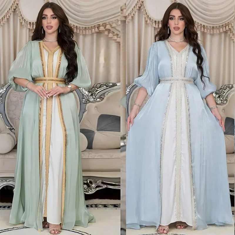 2023 Muslim Sets Hot Diamond Light Luxury Dress Abaya Femme Bright Silk Satin Three-piece Set Ensembles Musulmans