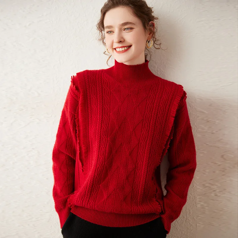 BirdTree, Cashmere Wool Elegant Sweaters, Women Mock Neck Fringe, Fashion Casual Versatile Sweater, 2024 Autumn Winter T48626QM