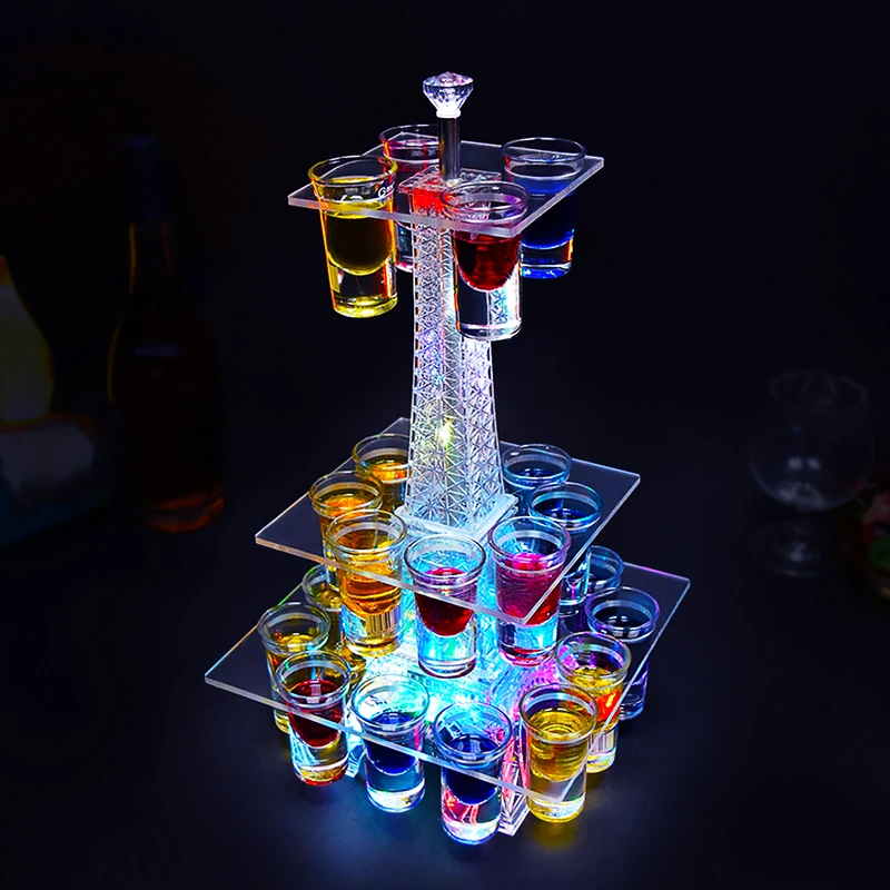 New Colorful Led Luminous Crystal Tower Cocktail Cup Holder Stand Bar Nightclub Shot Glass Glorifier Display Rack Disco Decor