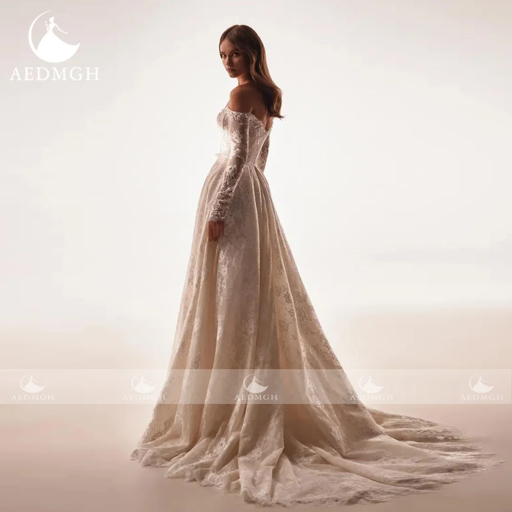Gaun Pengantin Elegan A-Line Aedmgh Gaun Pengantin Buatan Khusus Seksi Bordir Renda Gaun Pengantin Bahu Terbuka Sayang