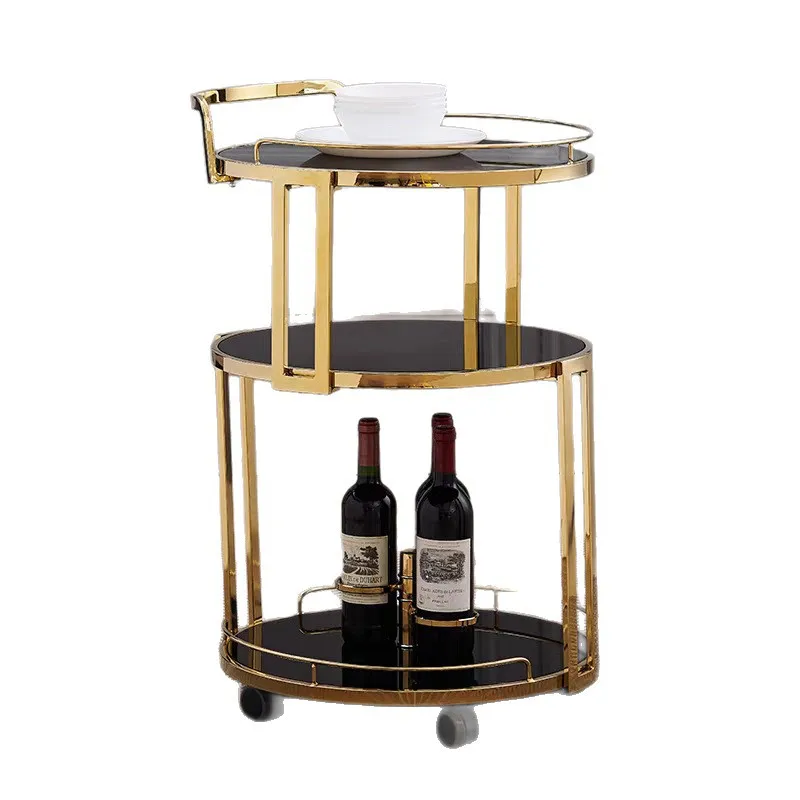 Light luxury high-end dining car Home wine cart Simple gold three-layer hand push beverage cart