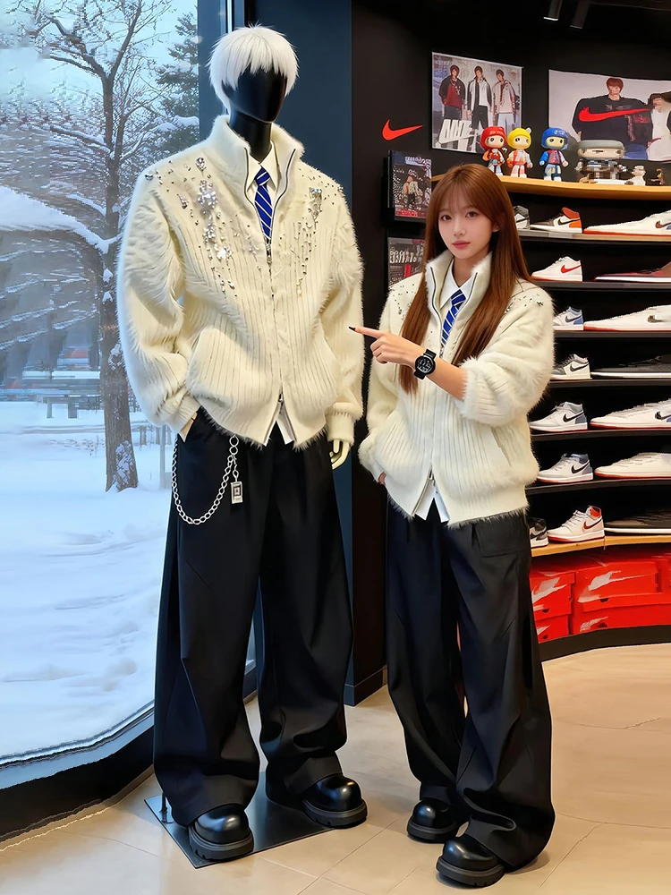 

White Pearl Knitted Cardigan Thiened M Sle Korean Lazy Design Camere Sweater Spring Autumn Winter Casual Wear