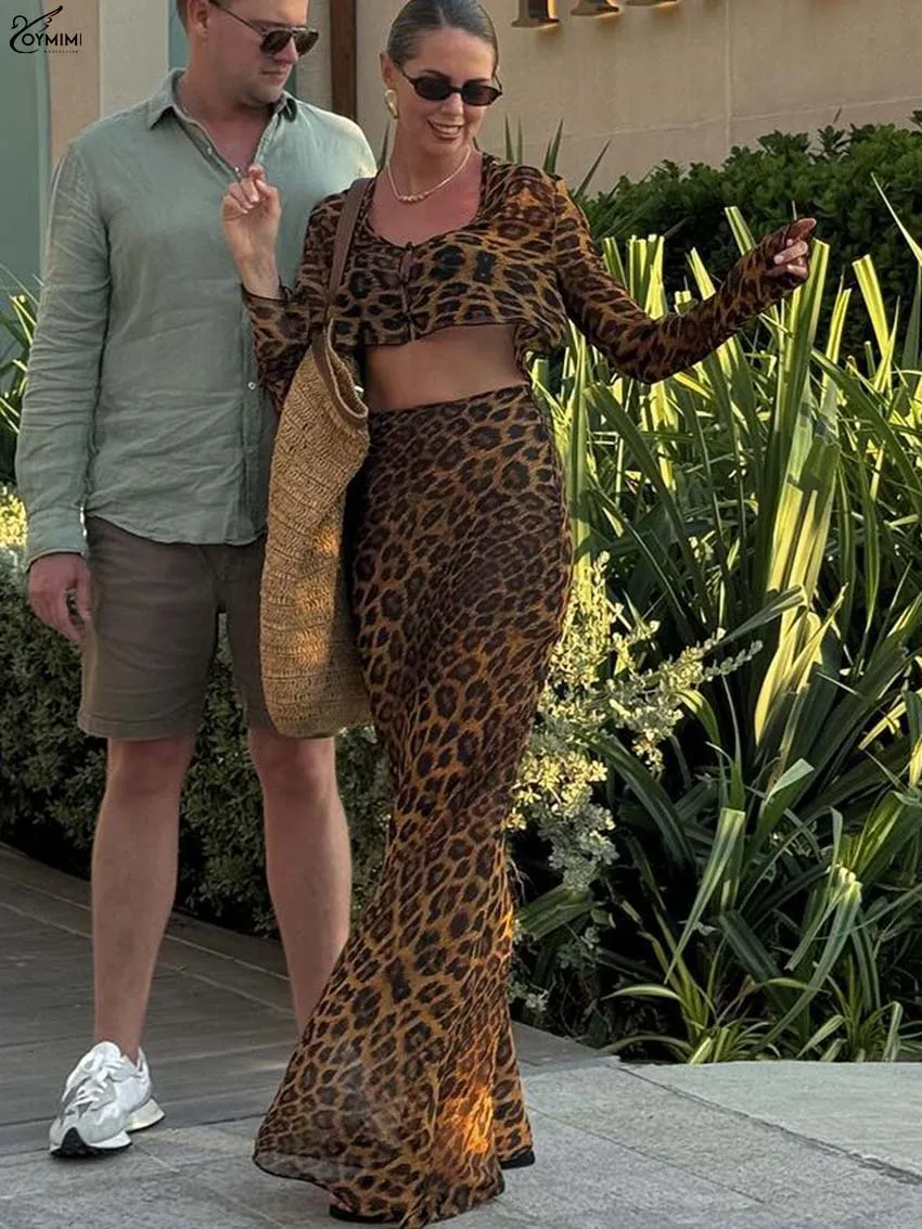 

Oymimi Casual Brown Print 2 Piece Sets Woman Outfit Fashion Long Sleeve Button Crop Tops And Straight Floor-Length Skirt Sets