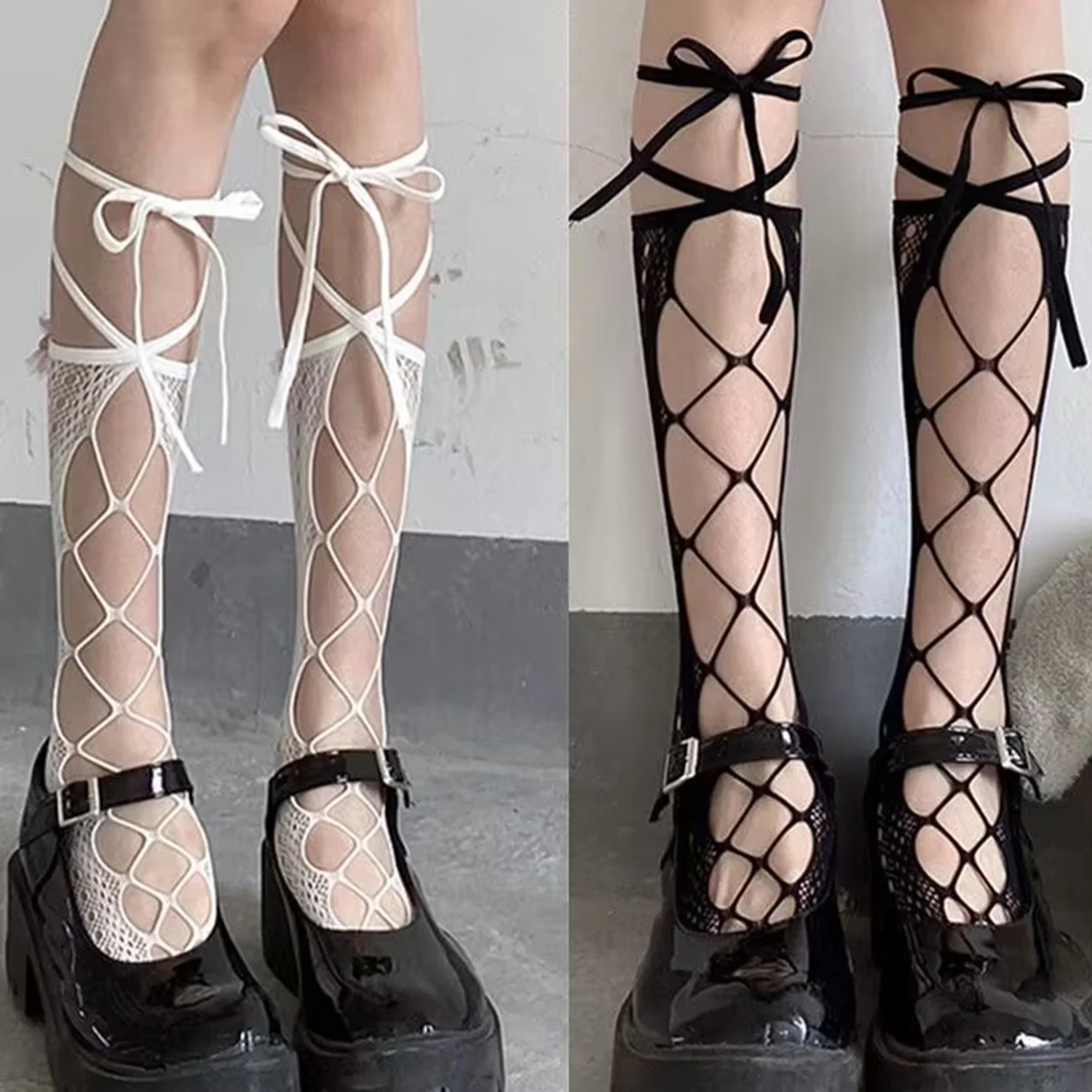 

1 Pair Girls JK Lolita Versatile Stockings Black White Hollow Design Grid Lace Over The Knee Thigh Stocking Socks For Women