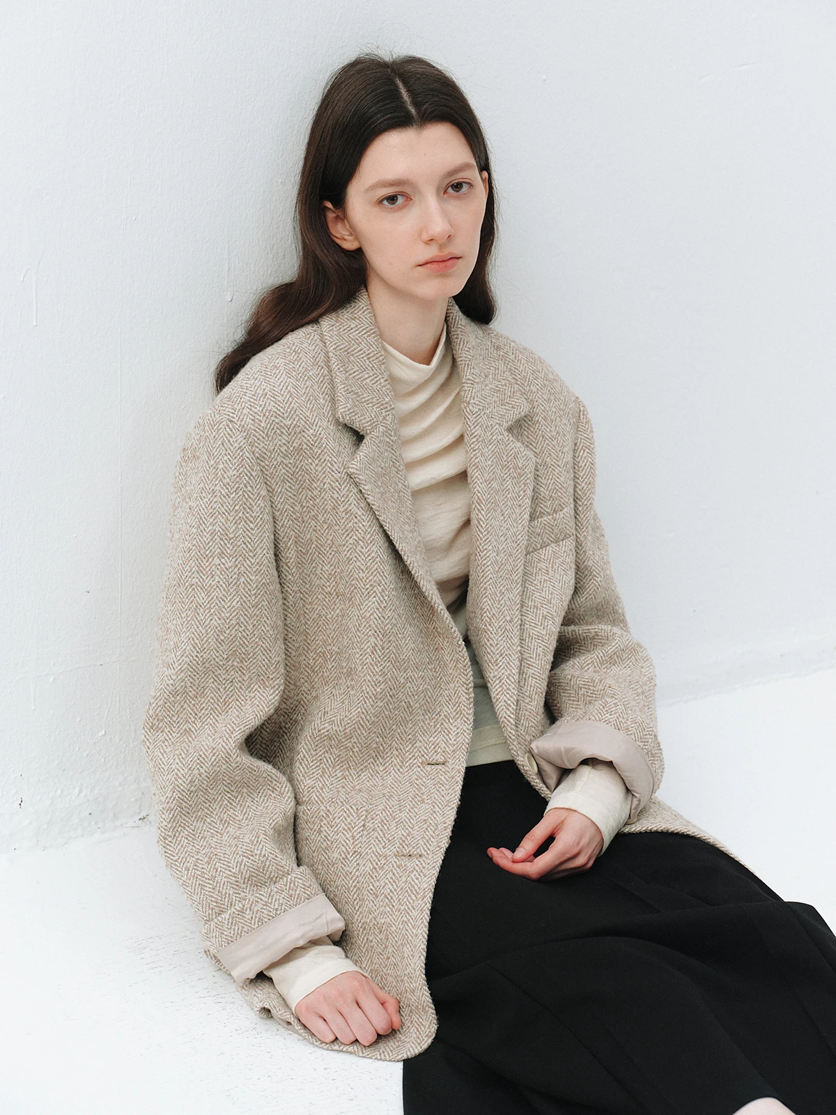 

Женский классический пиджак из шерстяной смеси с узором «елочка», осенний, с длинным рукавом, для офиса, стандартной длины