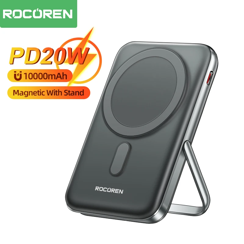 

Rocoren PD20W 10000mAh Magnetic Power Bank USB Type C Charge 15W Wireless Charging Powerbank For iPhone 15 Pro Max Stand Holder