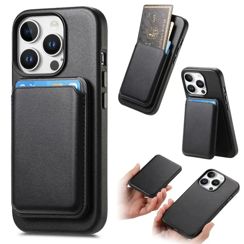 Magnetic Removable Card Cover Phone Case For iPhone 16 15 Pro Max 14 Plus 13 Pro Solid Color Leather Back Cover