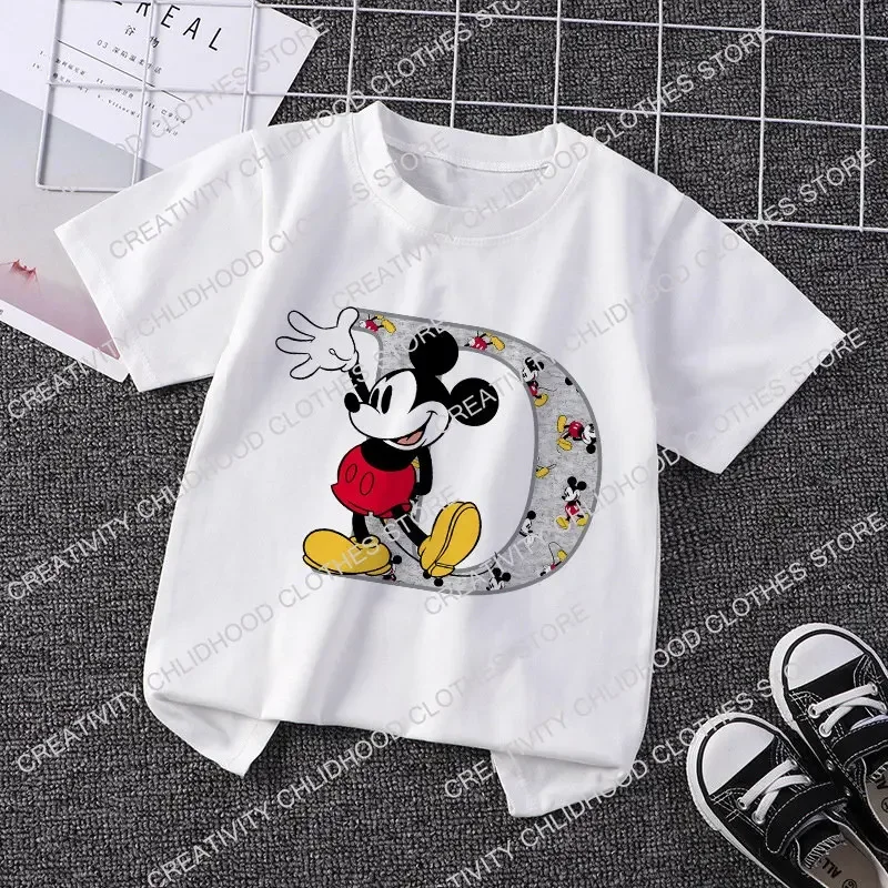 Mickey Mouse Children\'s T-Shirt Letter A B C Name Combination Tee Shirts Disney Cartoons Kawaii Kid Casual Clothes Girl Boy Tops